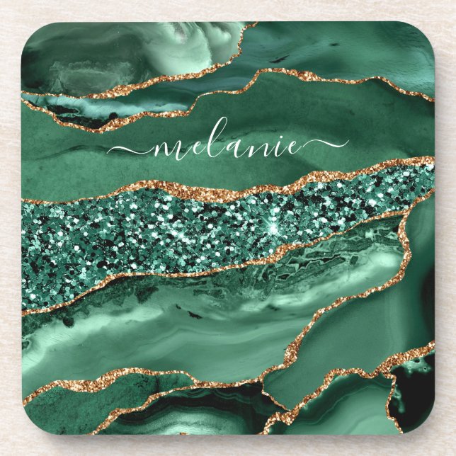Dessous-de-verre Agate Green Gold Parties scintillant Geode Marbre  (Devant)
