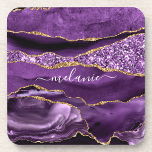 Dessous-de-verre Agate Purple Violet Gold Glitter Geode Custom Name