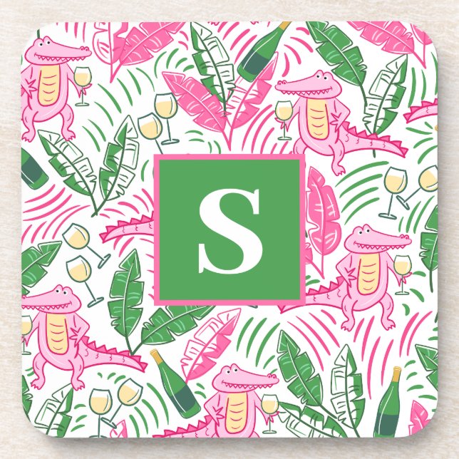 Dessous-de-verre Alligator Vin rose vert Monogramme Preppy (Devant)