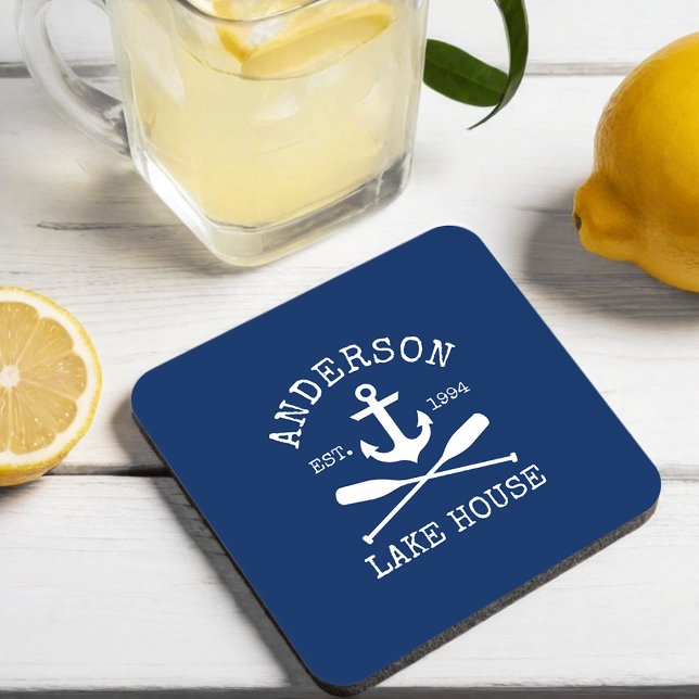 Dessous-de-verre Ancre nautique Oars Marine Blue Family Lake House (Customize to change text size, style or background color.)