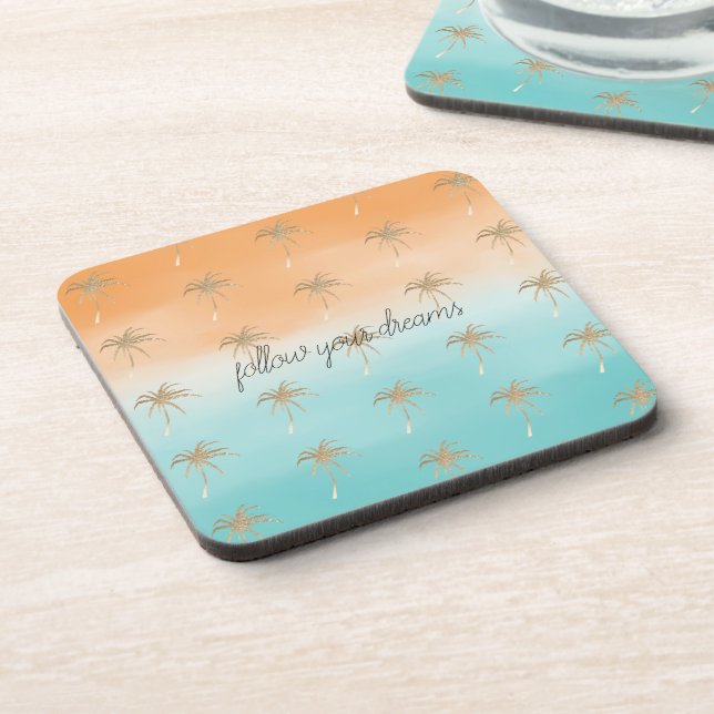Dessous-de-verre Aqua Peach Gold Tropical Palm Trees Ombre (Côté gauche)