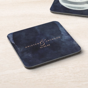 Dessous-de-verre Aquarelle bleu marine et Mariage Rose or Monogramm