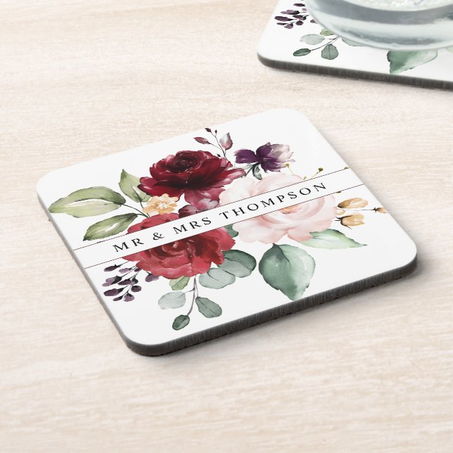 Dessous-de-verre Aquarelle Blush et vin Floral Newlyweds (Côté gauche)