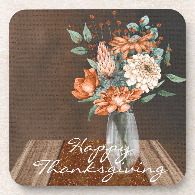 Dessous-de-verre Aquarelle Bon thanksgiving de fleurs orange brûlée (Devant)