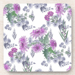 Dessous-de-verre Aquarelle chrysanthème rose petites fleurs vert