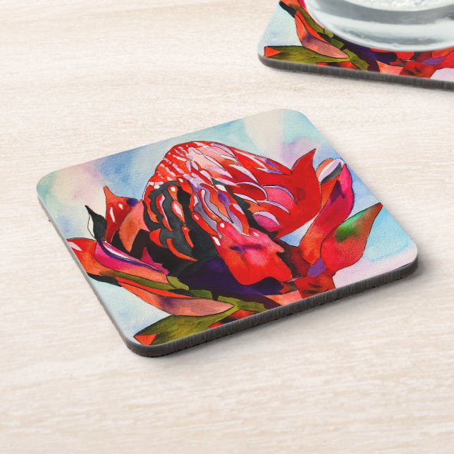 Dessous-de-verre Aquarelle de fleurs indigènes de Waratah (Côté gauche)