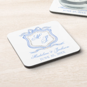 Dessous-de-verre Aquarelle Designer Blue Monogram Crest Mariage