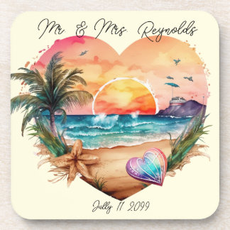 Dessous-de-verre Aquarelle Hawaii Beach Sunset Heart Mariage