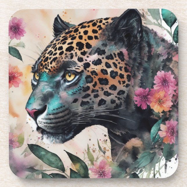 Dessous-de-verre Aquarelle Jaguar Floral Art Boisson Coaster (Devant)
