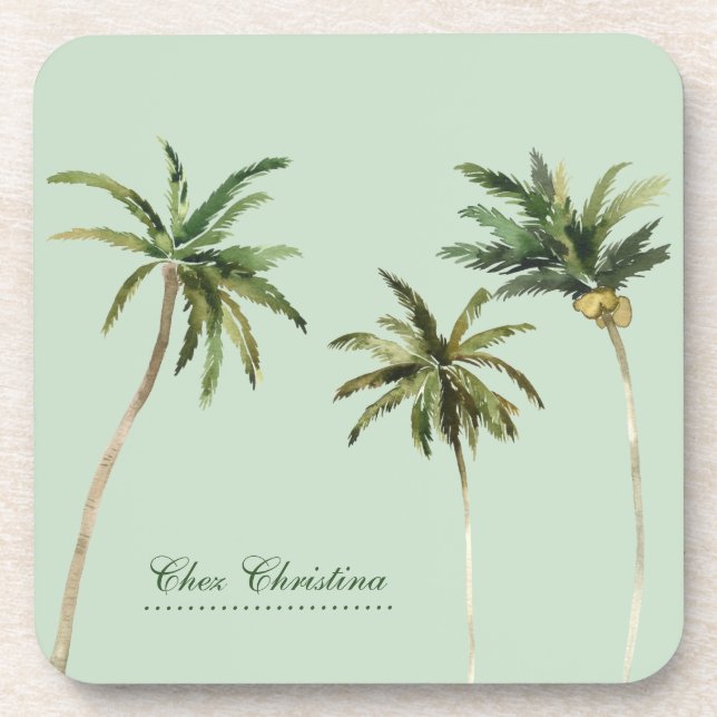 Dessous-de-verre Aquarelle Palmiers Tropical Personnalisé Vert (Devant)