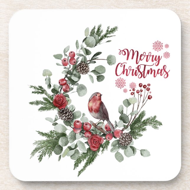 Dessous-de-verre Aquarelle Rouge Cardinal Bird Wreath (Devant)