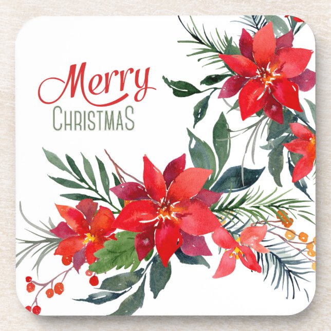 Dessous-de-verre Aquarelle Rouge Poinsettia Bouquet Noël (Devant)