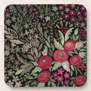 Dessous-de-verre Aquarelle rouge roses fleurs petit floral vert le
