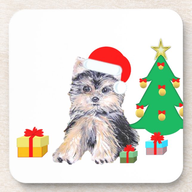 Dessous-de-verre Arbre de Noël, Chien chiot du Yorkshire & cadeaux (Devant)