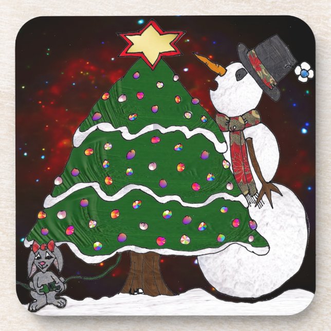 Dessous-de-verre Arbre de Noël Snowman Surprise Art Imprimer (Devant)