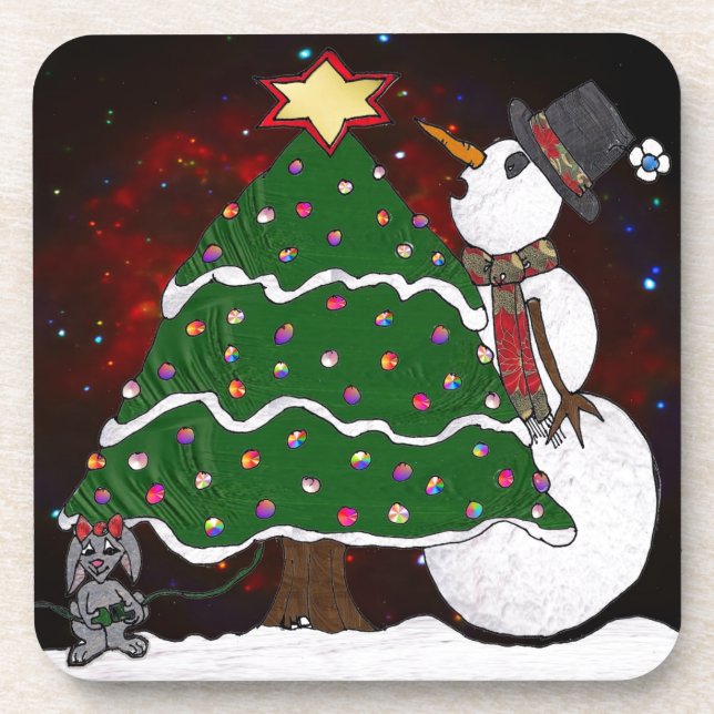 Dessous-de-verre Arbre de Noël Snowman Surprise Art Imprimer (Devant)