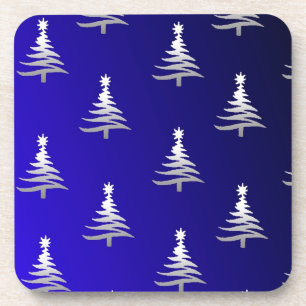 Dessous-de-verre Arbres de Noël Argent sur Bleu Cobalt