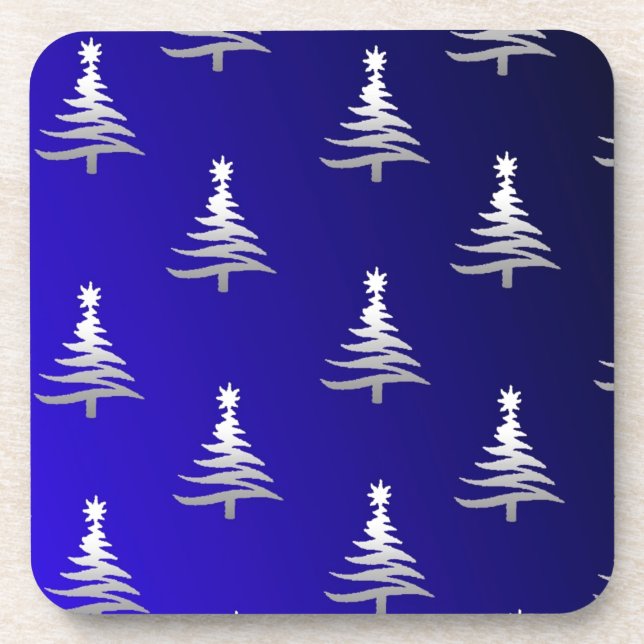 Dessous-de-verre Arbres de Noël Argent sur Bleu Cobalt (Devant)