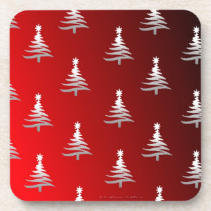 Dessous-de-verre Arbres de Noël en argent sur rouge