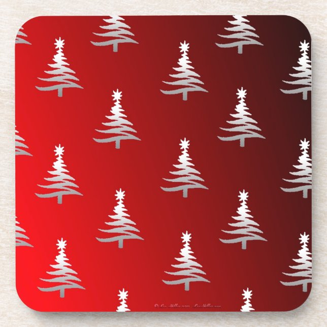 Dessous-de-verre Arbres de Noël en argent sur rouge (Devant)