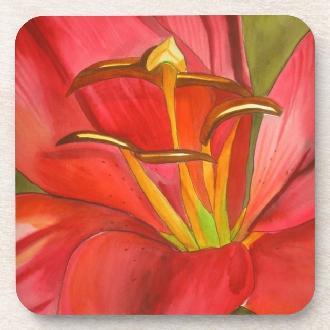 Dessous-de-verre Art de fleur d'aquarelle d'origine du lys rouge (Devant)