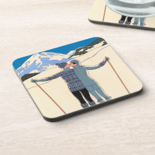 Dessous-de-verre Art Déco vintage, Amants dans la neige par George 