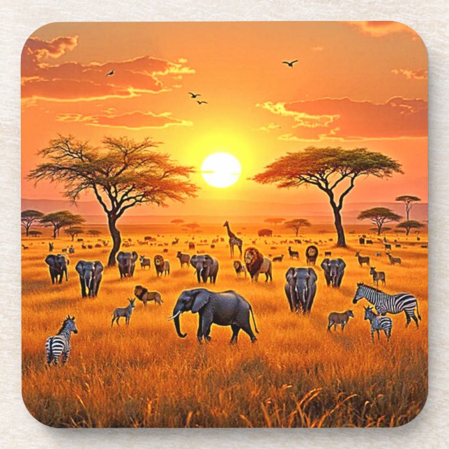 Dessous-de-verre Art du coucher de soleil sur la savane africaine (Devant)