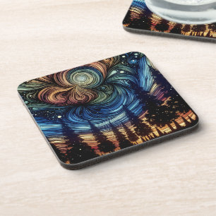Dessous-de-verre Art éthéré mystique avec des arbres et un ciel noc