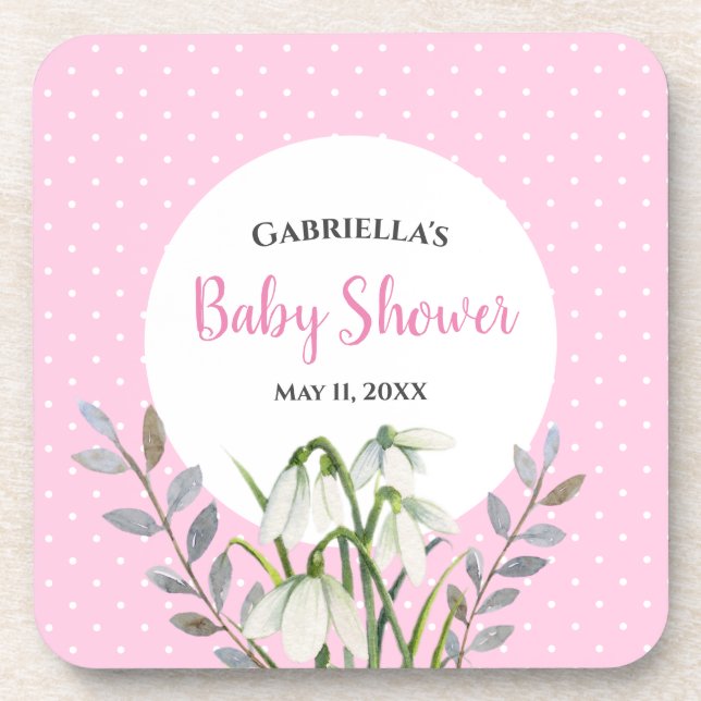 Dessous-de-verre Baby shower Blanche neige gouttes Pois roses (Devant)
