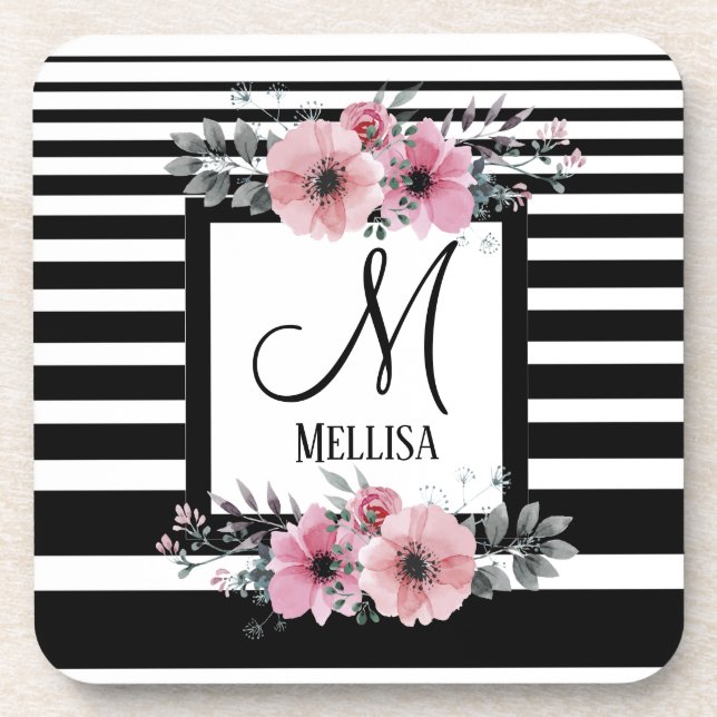 Dessous-de-verre Bandes noires et blanches Monogramme floral rose (Devant)