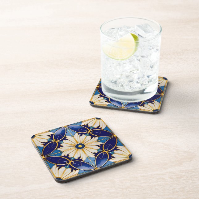 Dessous-de-verre Barware Dining Art Déco Deep Blue Gold Floral (Côté Droit)