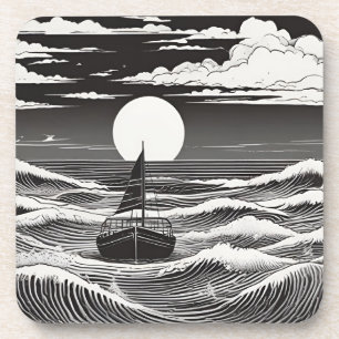 Dessous-de-verre Bateau perdu noir blanc en mer