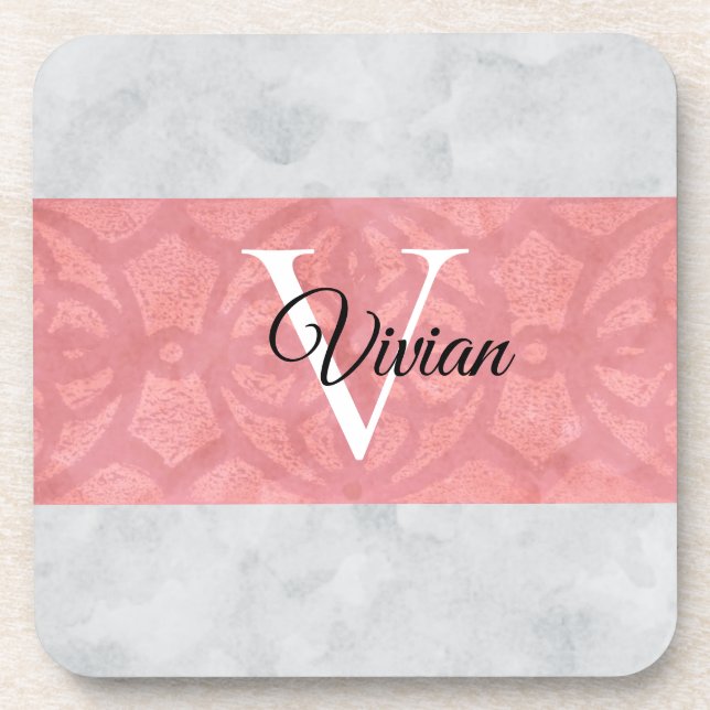 Dessous-de-verre Batik Rose Ruddy Et Aquarelle Gris Monogramme (Devant)