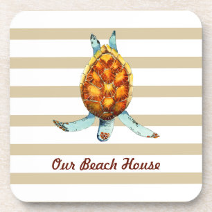 Dessous-de-verre Beach House Coussin avec tortue de mer sur Tan Str