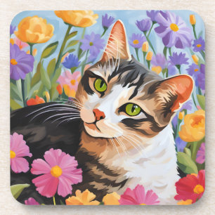 Dessous-de-verre Beau chat avec fleurs