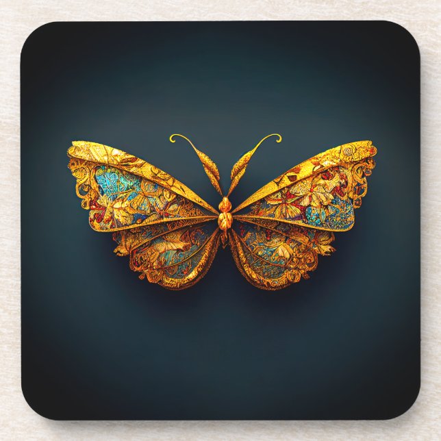 Dessous-de-verre Beau Papillon Turquoise Or Orné (Devant)