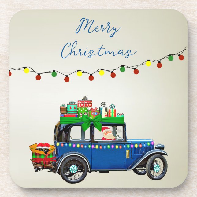 Dessous-de-verre Belle, Christms Blue Car avec Père Noël et Cadeaux (Devant)