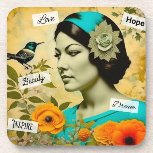 Dessous-de-verre Belle femme Vintage avec des oiseaux et des fleurs