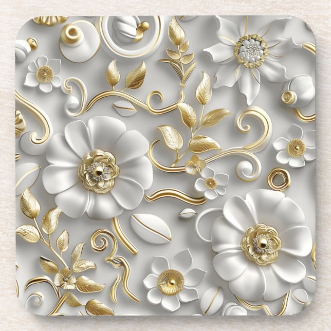 Dessous-de-verre Belle Flore 3D Blanc Et Or (Devant)