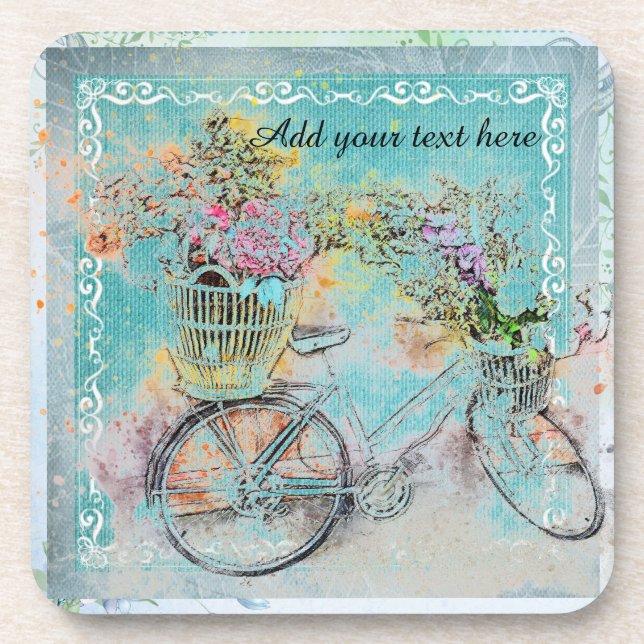 Dessous-de-verre Bicycle with flower baskets on blue burlap (Devant)