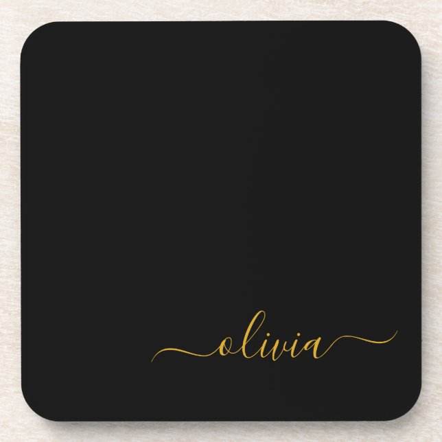 Dessous-de-verre Black Gold Modern Script Girl Monogramme Nom (Devant)