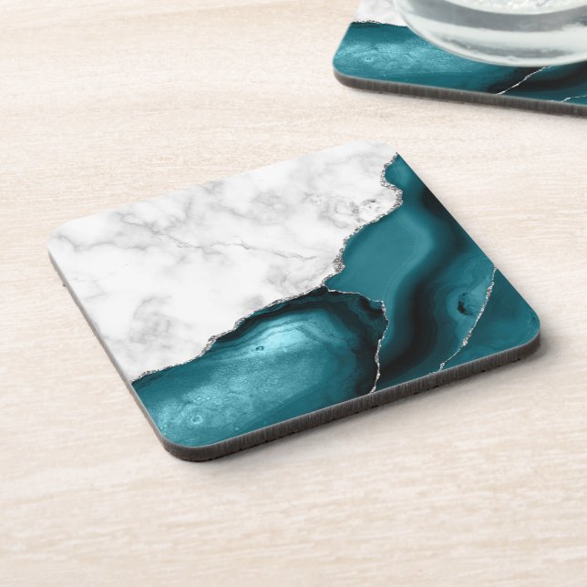 Dessous-de-verre Blanc Faux Marbre Parties scintillant Argent Turqu (Côté gauche)