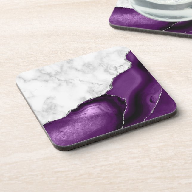 Dessous-de-verre Blanc Faux Marbre Violet Agate Argent Parties scin (Côté gauche)