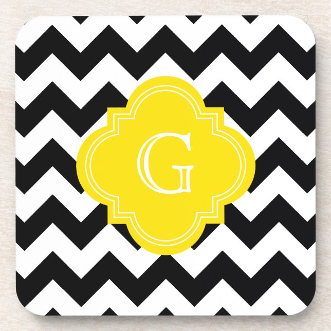 Dessous-de-verre Blanc-Noir Chevron Zig-Zag Monogramme Jaune (Devant)
