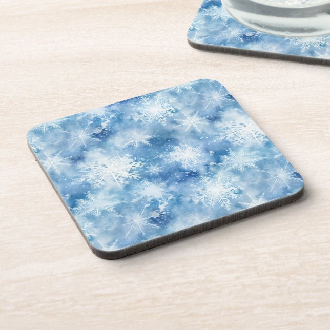 Dessous-de-verre Bleu avec des flocons de neige Style aquarelle (Côté gauche)