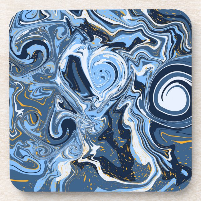 Dessous-de-verre Bleu, blanc et doré Fluid Art (Devant)