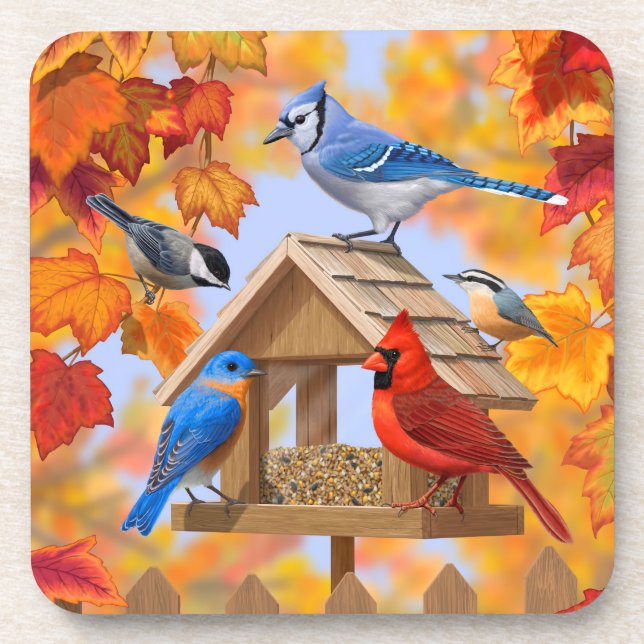 Dessous-de-verre Bleu de poulet Cardinal Bleu Jay Feuilles d'automn (Devant)