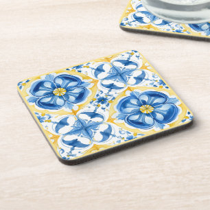 Dessous-de-verre 💛 💙 bleu et jaune, aquarelle fleurie Azulejos