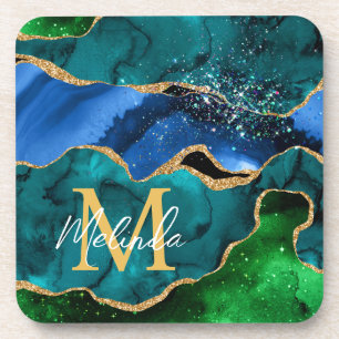Dessous-de-verre Bleu et vert Peacock Faux Parties scintillant Agat