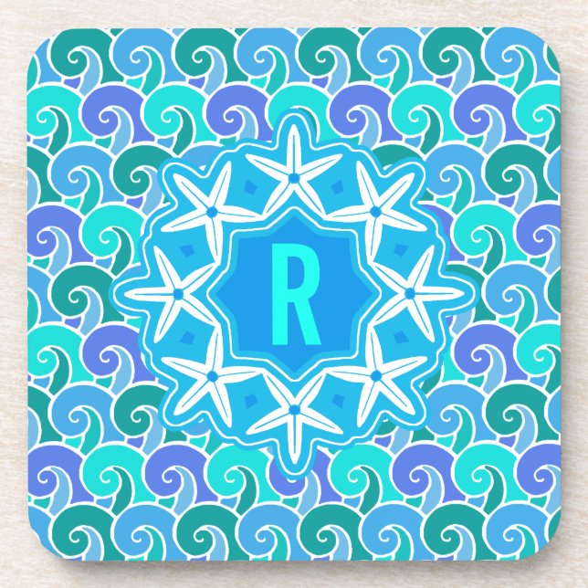 Dessous-de-verre Bleu nautique de monogramme d'étoiles de mer de (Devant)